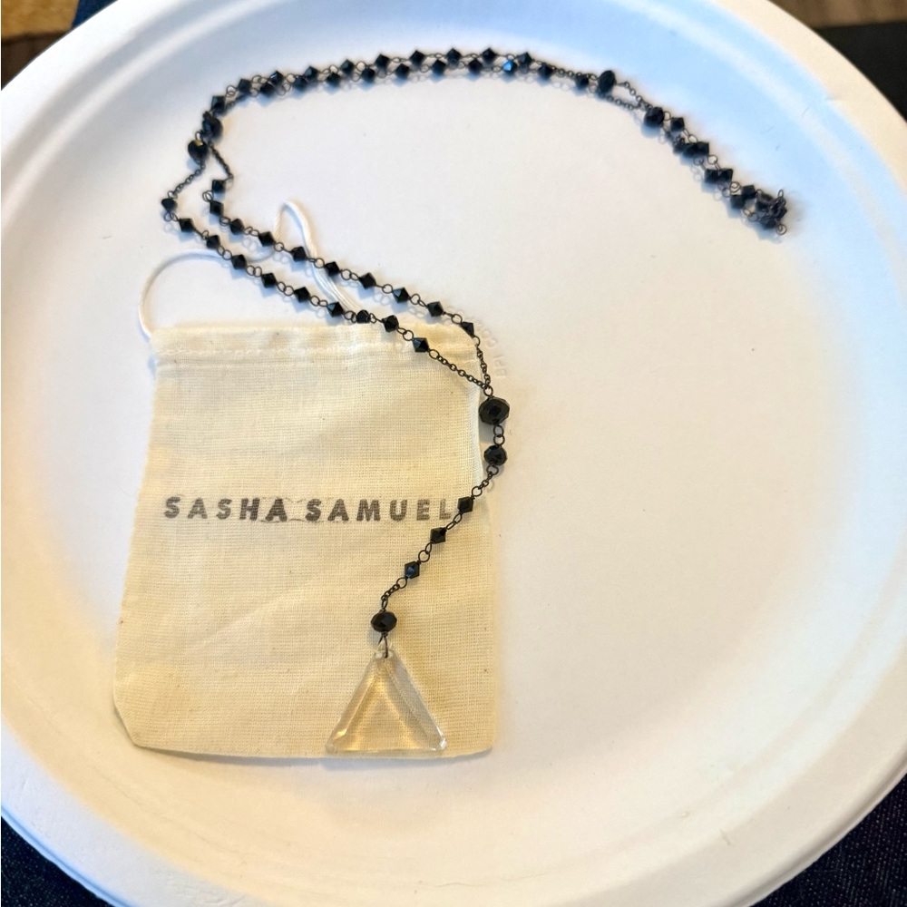 NWOT Sasha Samuel Black crystal Beaded Rosary Necklace with Quartz Pendant